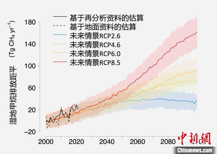 基于觀測的濕地甲烷排放變化與未來氣候變化情景下估算的對比。　中科院青藏高原所 供圖