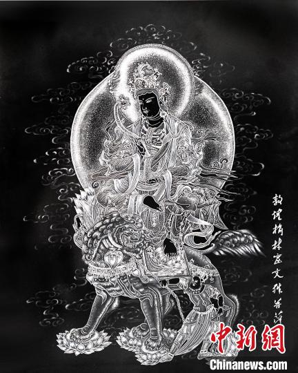 圖為朱增平創(chuàng)作的鍥金畫《敦煌榆林窟文殊菩薩》。(資料圖) 受訪者供圖