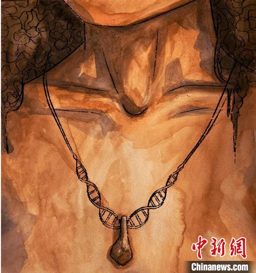 墜飾藝術(shù)再現(xiàn)圖，圖中吊墜繩為DNA螺旋樣式(圖片作者M(jìn)yrthe Lucas)。　施普林格·自然 供圖