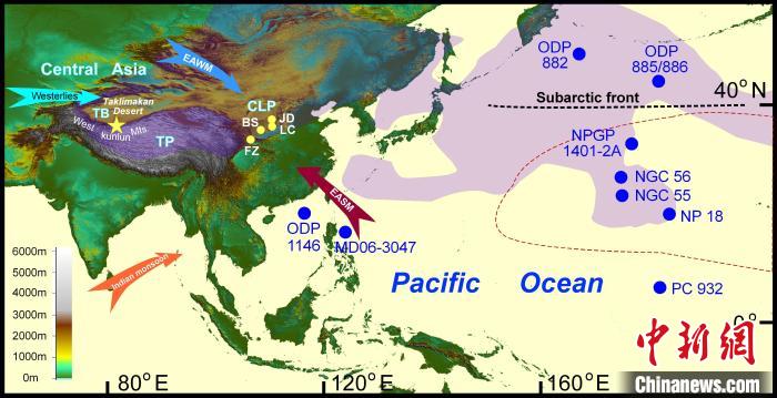 塔里木沙塵傳輸至北太平洋的路徑(陰影區(qū))及西昆侖山黃土巖芯位置(五角星)?！≈锌圃呵嗖馗咴?供圖