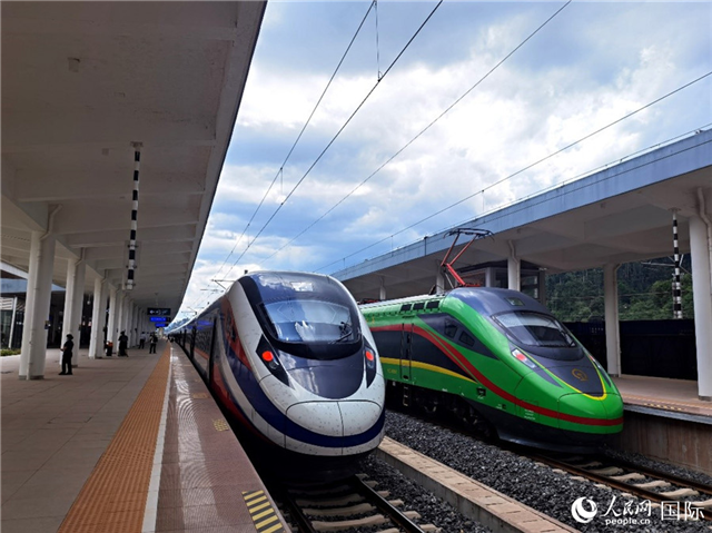 “復(fù)興號”和“瀾滄號”國際旅客列車?？吭诶蠐肽ザ≌尽Ｈ嗣窬W(wǎng) 杜明明攝