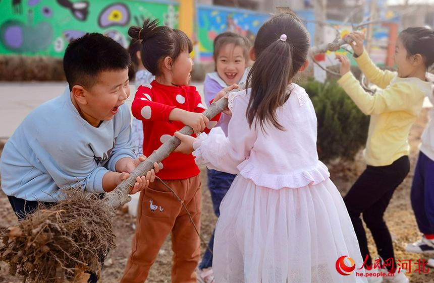 河北省東光縣小朋友們開心的種下小樹苗。 陳英華攝