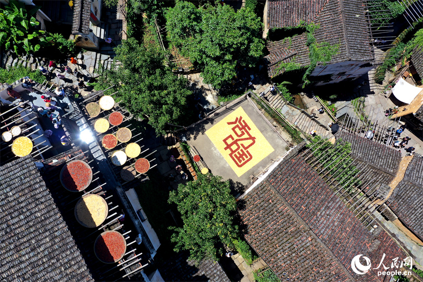 篁嶺曬秋大媽用農(nóng)作物曬出“活力中國”。人民網(wǎng)記者 時(shí)雨攝