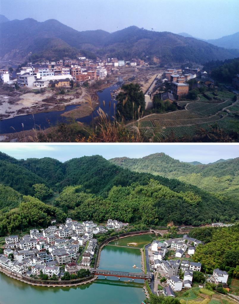 圖為浙江省杭州市淳安縣楓樹嶺鎮(zhèn)下姜村拼版圖，其中上圖為資料照片、下圖由新華社記者張鋮攝。