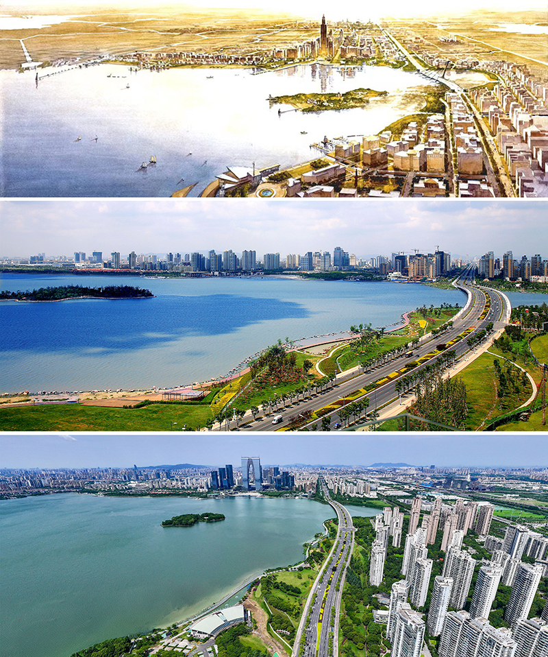 拼版照片：上圖為1994年繪制的蘇州工業(yè)園區(qū)手繪規(guī)劃圖；中圖為2007年拍攝的蘇州工業(yè)園區(qū)；下圖為2023年7月4日用無人機(jī)拍攝的蘇州工業(yè)園區(qū)。