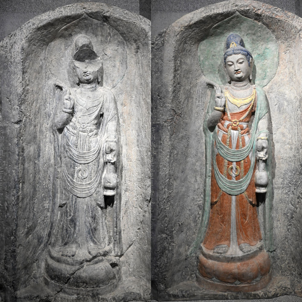 左圖為龍門石窟萬(wàn)佛洞窟前南壁菩薩造像的3D打印模型；右圖為利用數(shù)字化技術(shù)復(fù)原后的3D打印模型（2025年4月10日攝，拼版照片）。復(fù)原后的像龕精妙絕倫，栩栩如生，被游客譽(yù)為“龍門最美菩薩”。圖片來(lái)源新華社