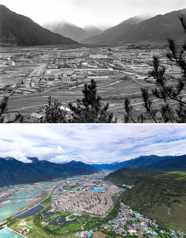 拼版照片：上圖是20世紀(jì)90年代的西藏林芝八一鎮(zhèn)；下圖是2021年7月20日拍攝的西藏林芝八一鎮(zhèn)風(fēng)貌。