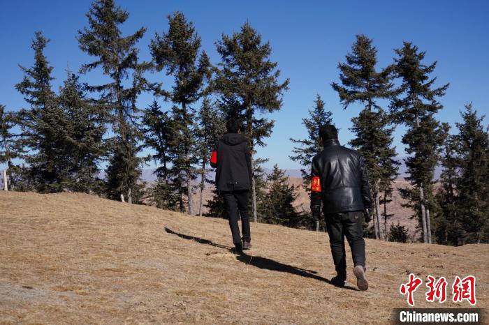 圖為桑杰加(左)和同事巡查林場(chǎng)?！●R銘言 攝