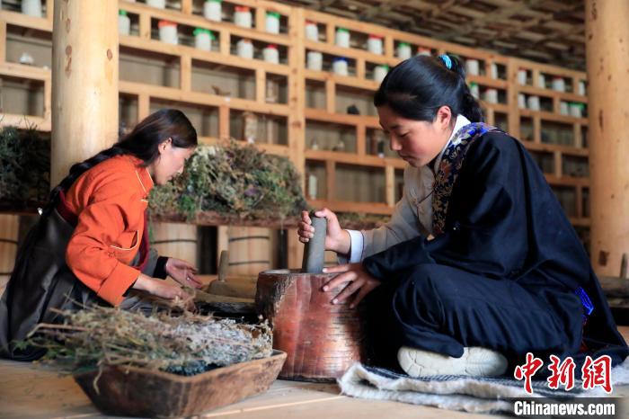 藥材搗碎。　王磊 攝