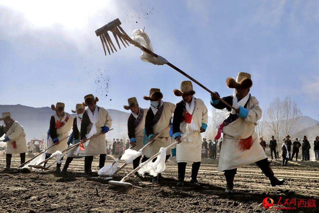 當(dāng)?shù)卮迕裆碇?jié)日盛裝，舉行春耕儀式。人民網(wǎng) 次仁羅布攝