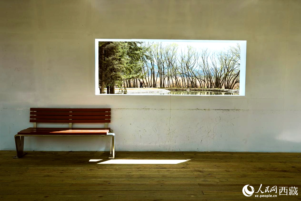 拉魯濕地公園內的涼亭巧用開窗設計，讓自然景觀宛如畫作懸掛在涼亭墻壁上。曹曦元攝